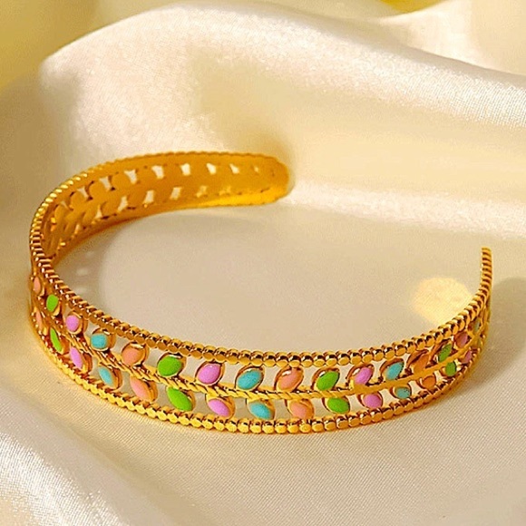 Gold Plated Leaf Design Multicolor Bangle Bracelet Ring Set - Picture 12 of 15